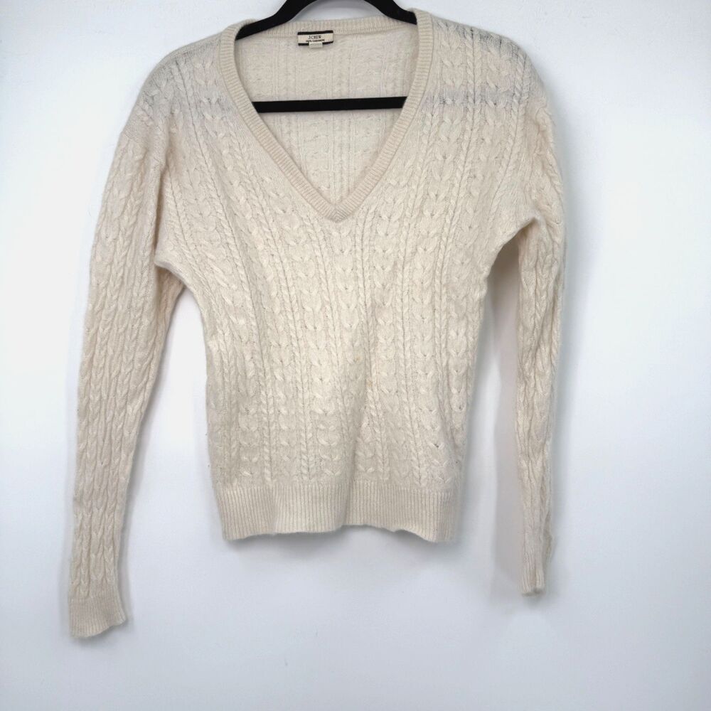 J.‎ Crew Women's Size M Cream Cashmere Cable-Knit Relaxed V-Neck Sweater Classic